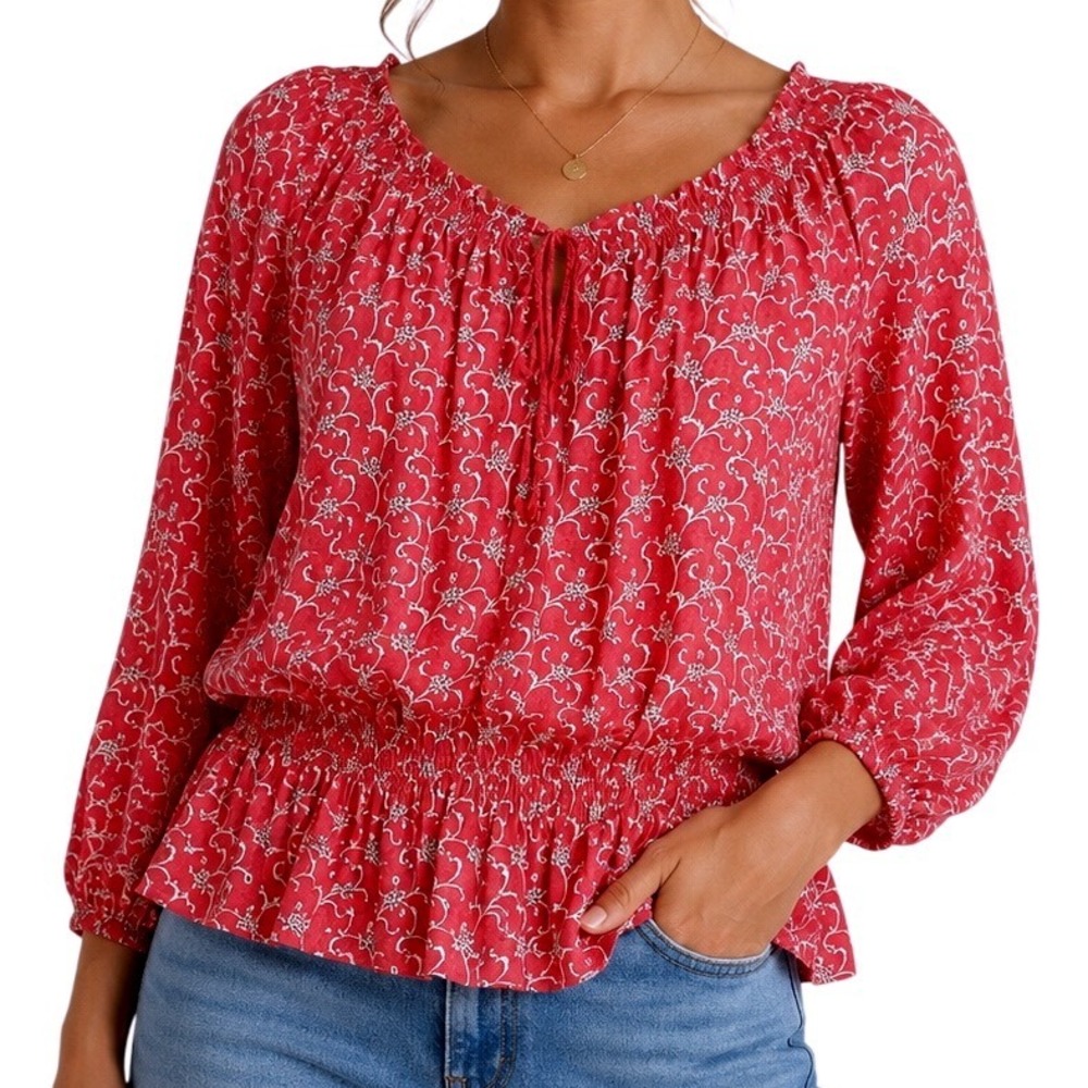 Lauren Ralph Lauren Womens Red Floral Peasant Smocked Peplum Blouse Petite‎ S PS